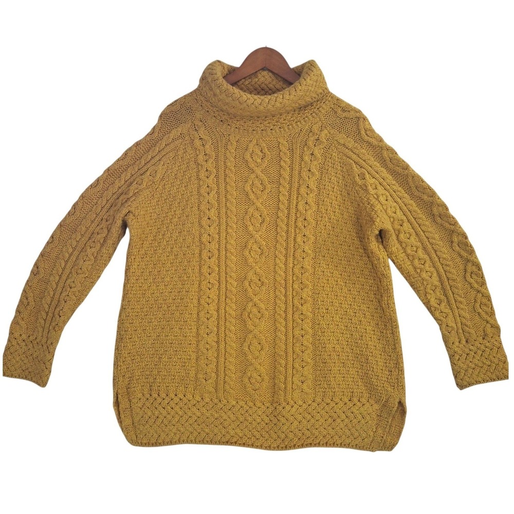 Aran Woollen Mills Merino Wool Cable Knit Cowl Neck Sweater XL Ireland Mustard